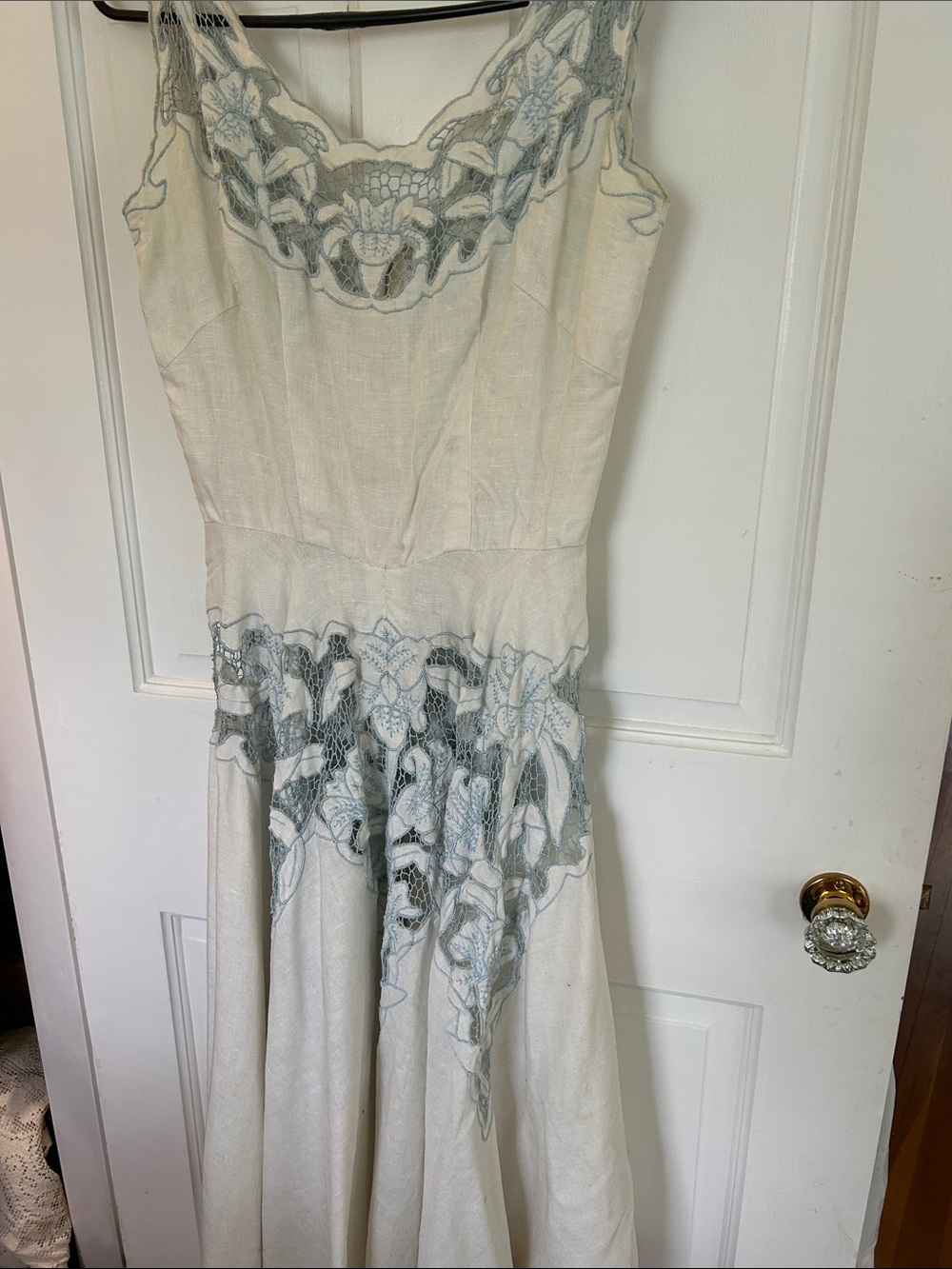 Vintage Off White Sleeveless Linen Dress with Blue Lace Appliqué: cut out design